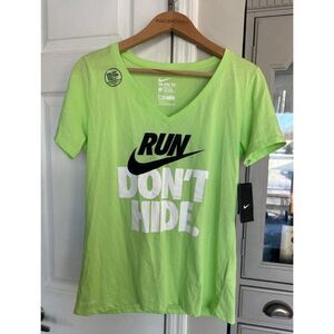 Nike Women's LG "Run Don't Hide" V-Neck Lime Green Tee New Gym Athletic